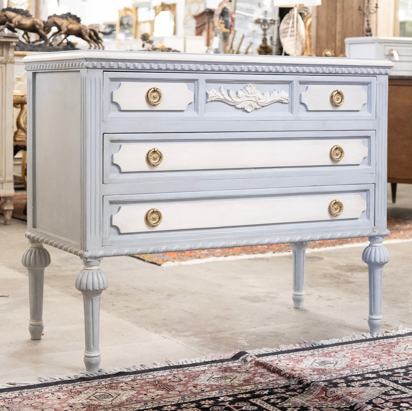Swedish 3-Drawer Chest – Blue & White Finish with Floral Carving