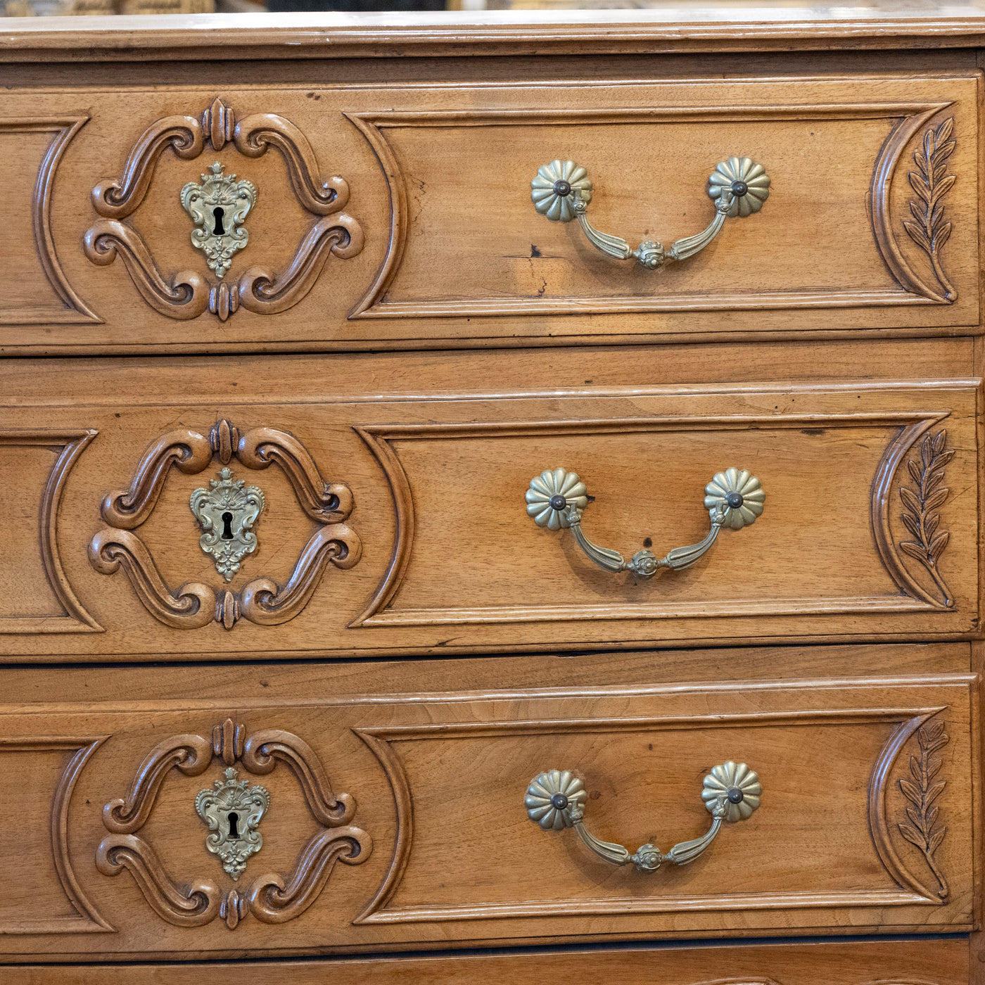 18th Century Wood Chest – Hand-Carved Details & Brass Rosette Pulls