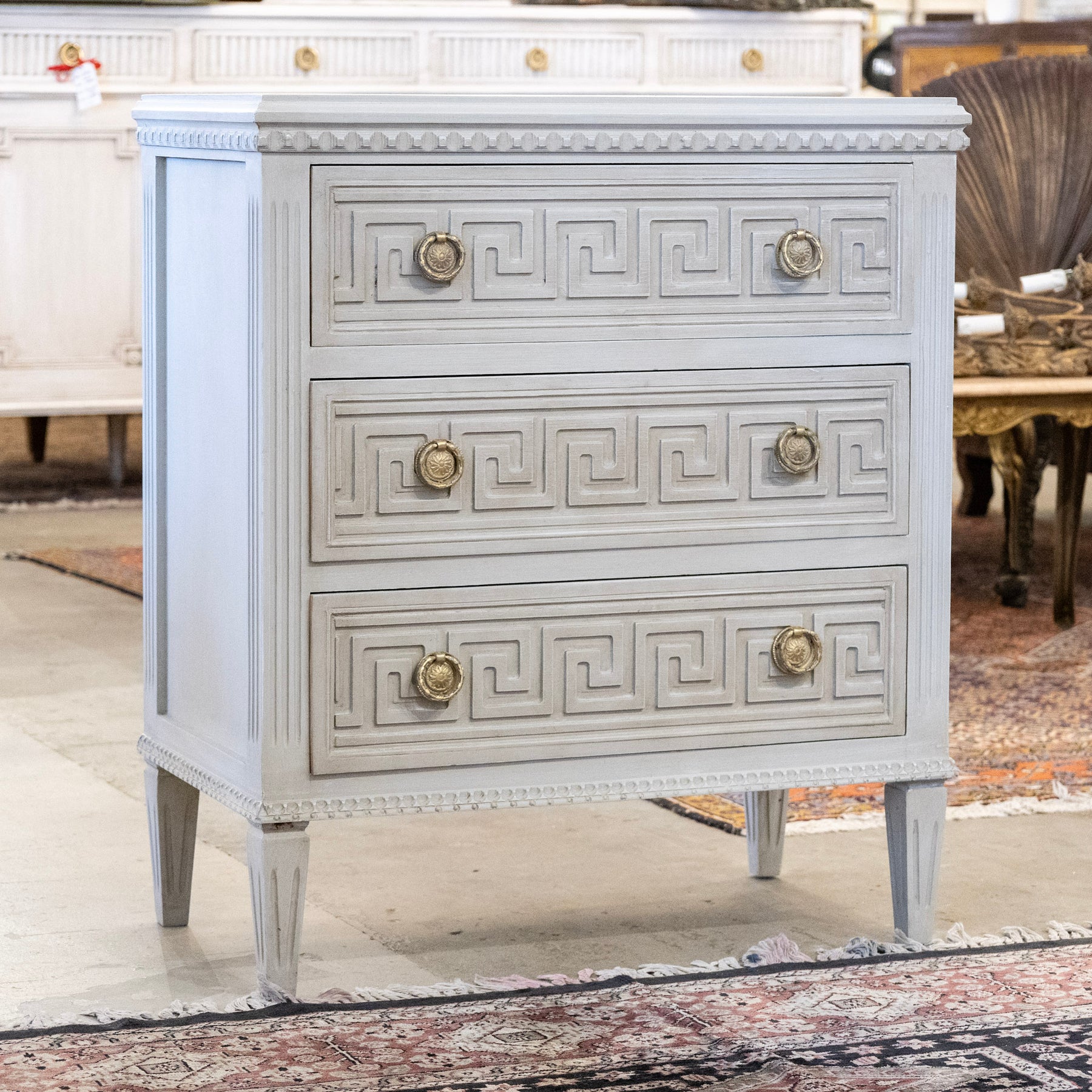 Swedish 3-Drawer Chest – Greek Key Trim in French Grey – Le Chateau