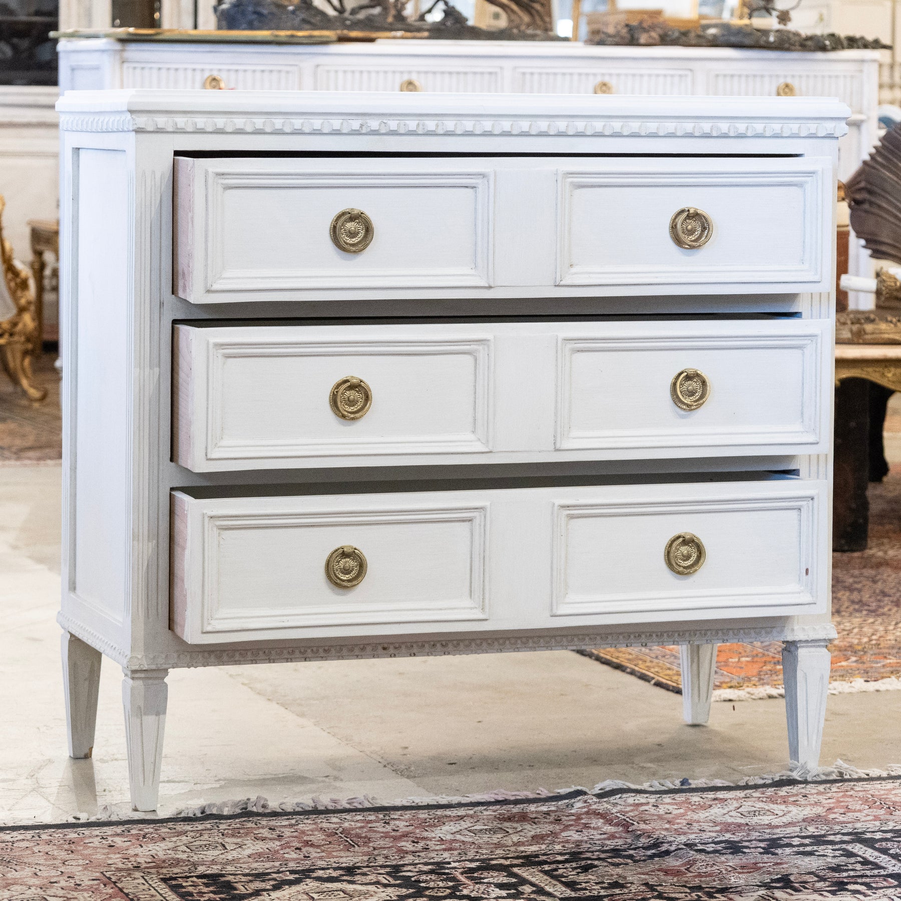 Square Raised Panel Drawer Swedish 3-Drawer Chest – Raised Panel Drawers & Fluted Legs in Dove Wh ...