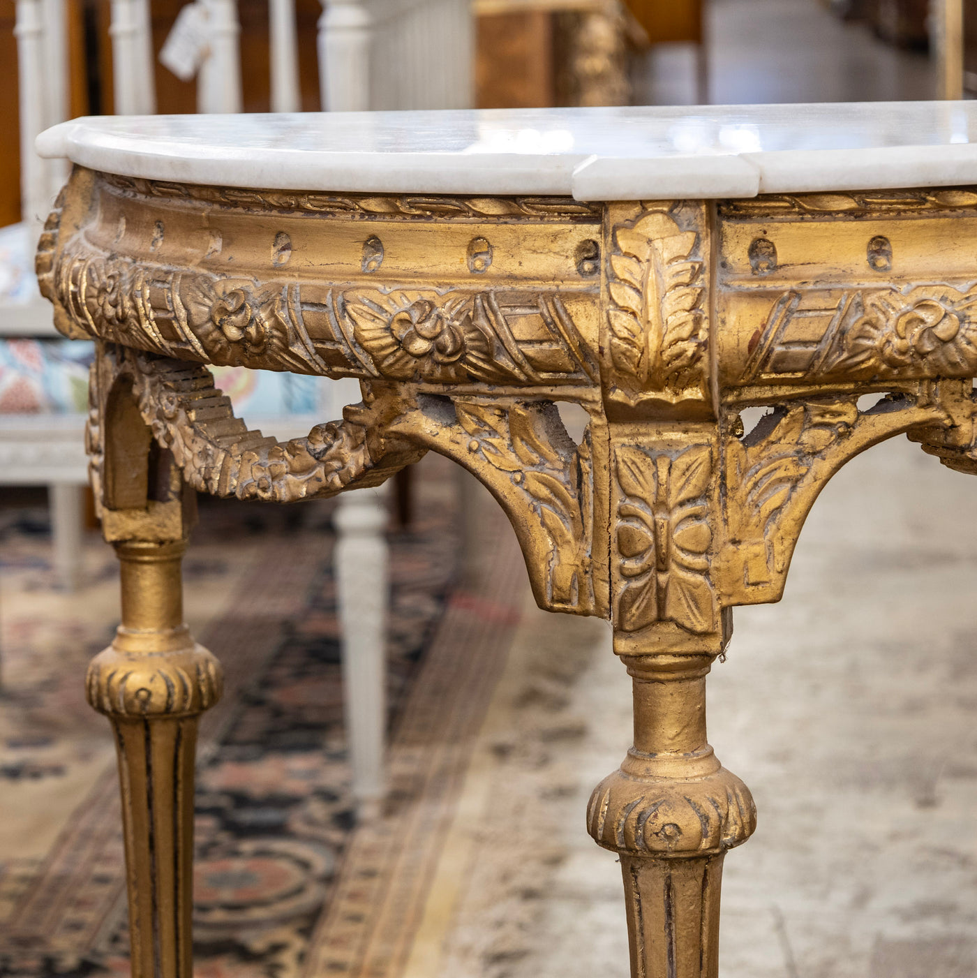 Louis XVI Petite Gilded Demilune Console – Carved Detailing & White Marble Top