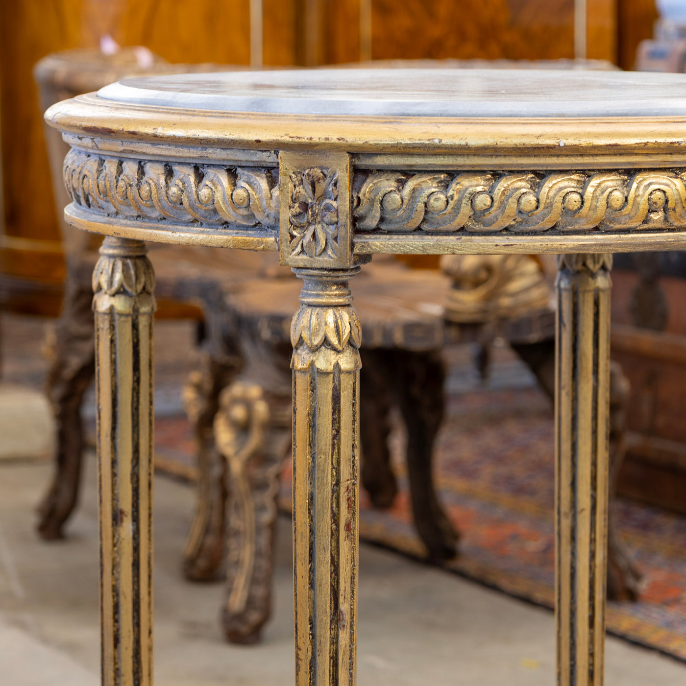 Louis XVI Side Table – Carved Trim & Dark Marble Top