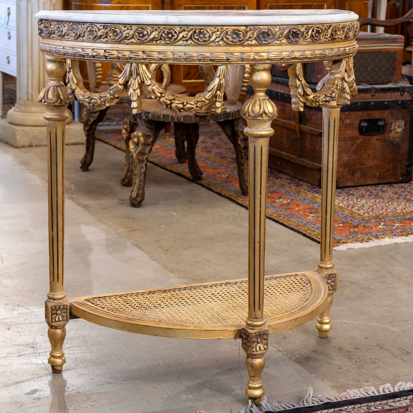 Louis XVI Demilune Console – Carved Detailing & White Marble Top