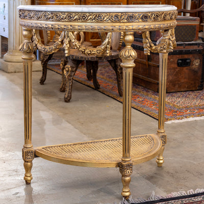 Louis XVI Demilune Console – Carved Detailing & White Marble Top
