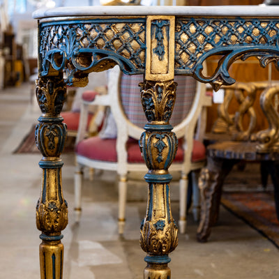 Louis XV Demilune Gilded Console Table – Blue Trim & White Marble Top