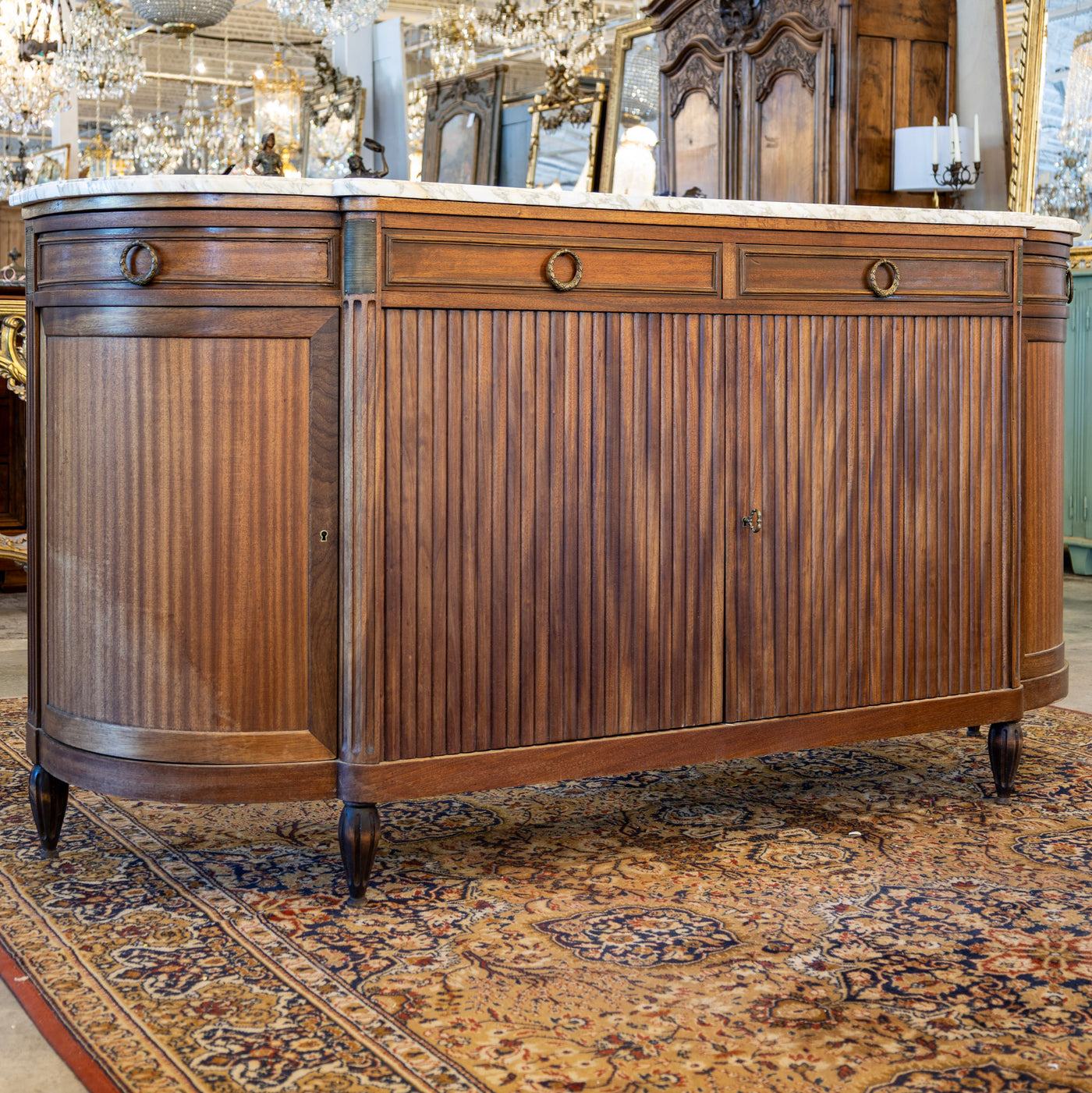 Louis XVI Demilune Sideboard – Reeded Front & White Marble Top with Sliding Side Doors