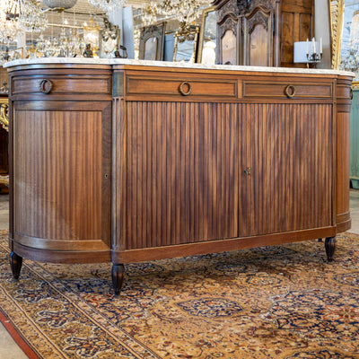 Louis XVI Demilune Sideboard – Reeded Front & White Marble Top with Sliding Side Doors