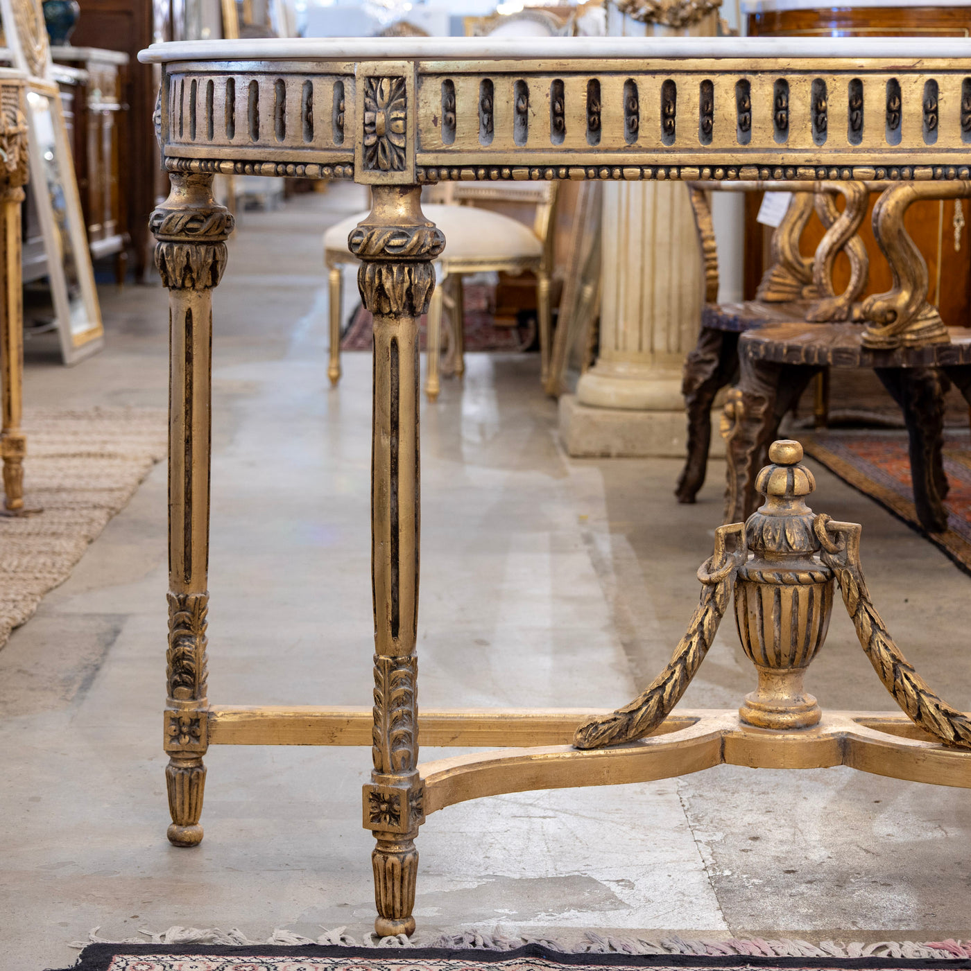 Louis XVI Gilded Demilune Console Table – Detailed Carvings & White Marble Top