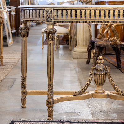 Louis XVI Gilded Demilune Console Table – Detailed Carvings & White Marble Top