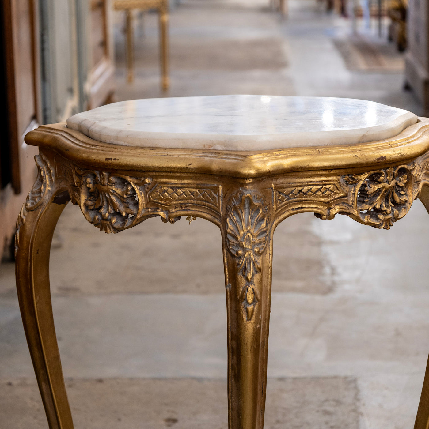 Louis XV Gilded Side Table – Cabriole Legs & White Marble Top