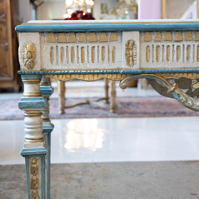 Louis XVI Gilded Console Table – Hand-Painted Blue & Gold with White Marble Top