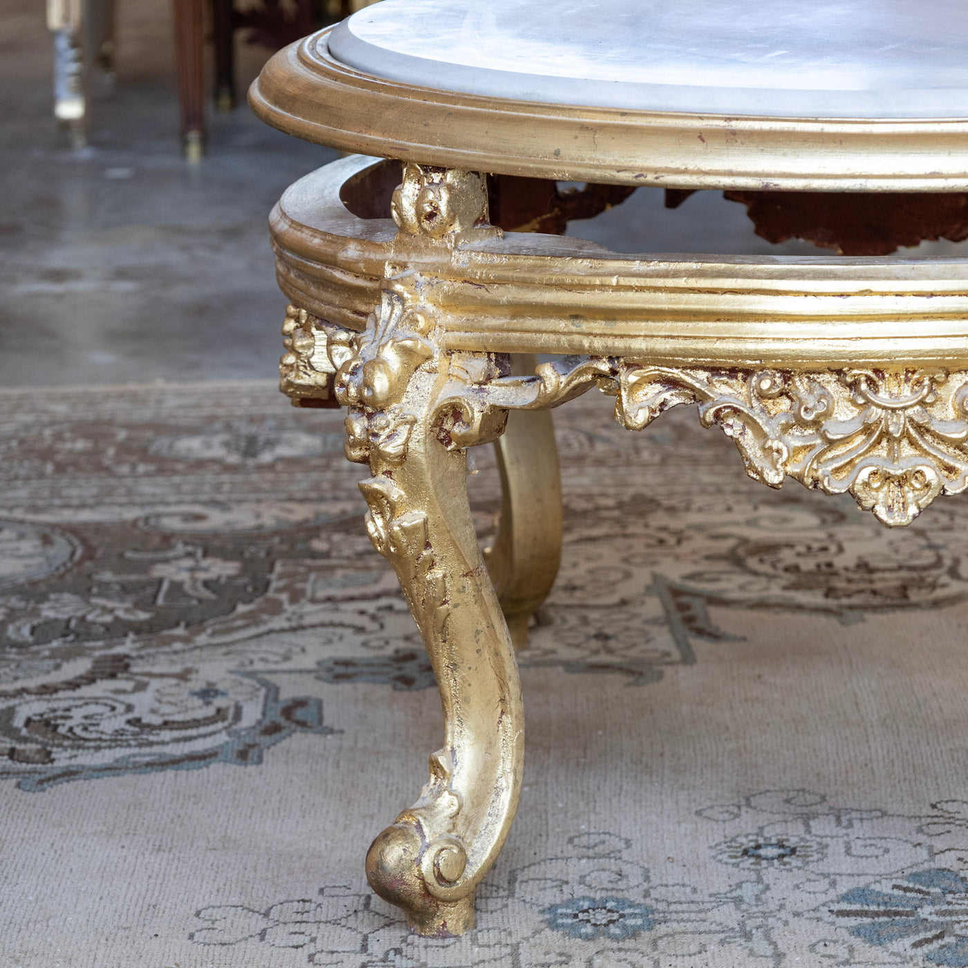 Louis XV Gilded Round Coffee Table – White Marble Top