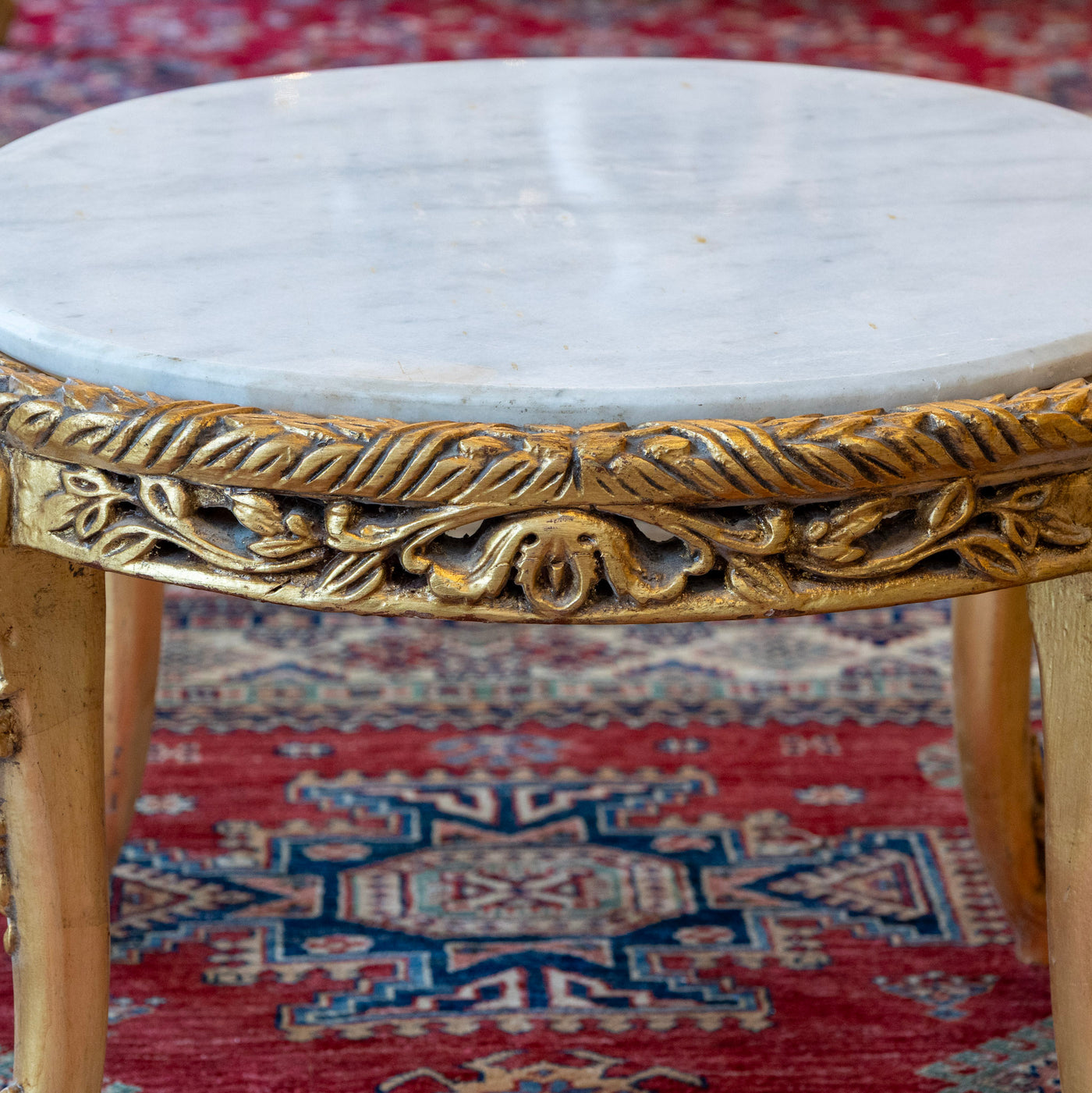 Louis XV Round Gilded Coffee Table – Carved Base & White Marble Top