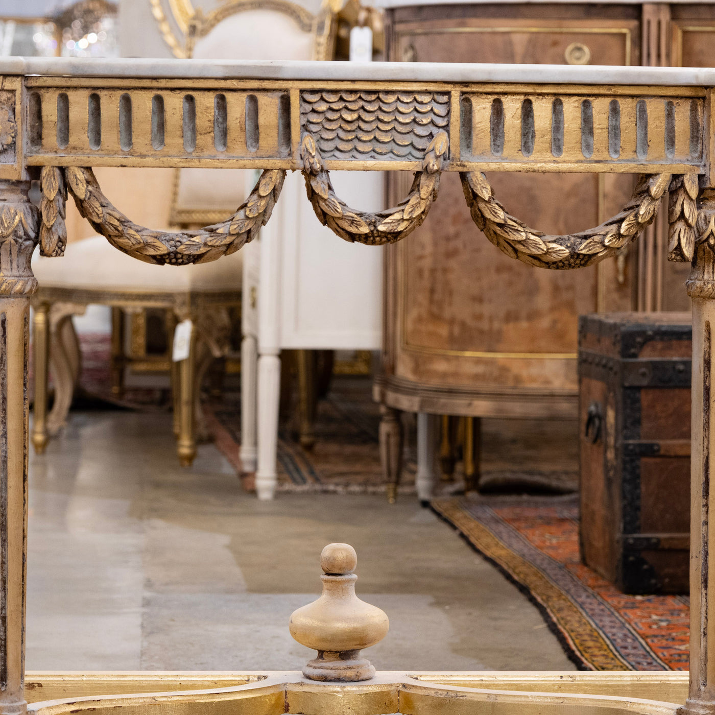 Louis XVI Demilune Console – Gilded Carvings with White Marble Top