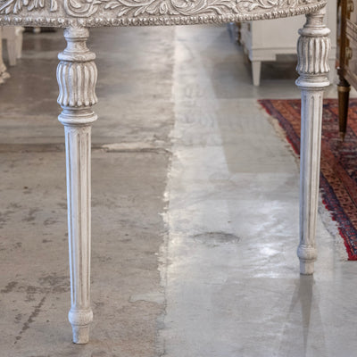 Louis XVI Carved Wood Demilune Console Table - Distressed Grey Finish
