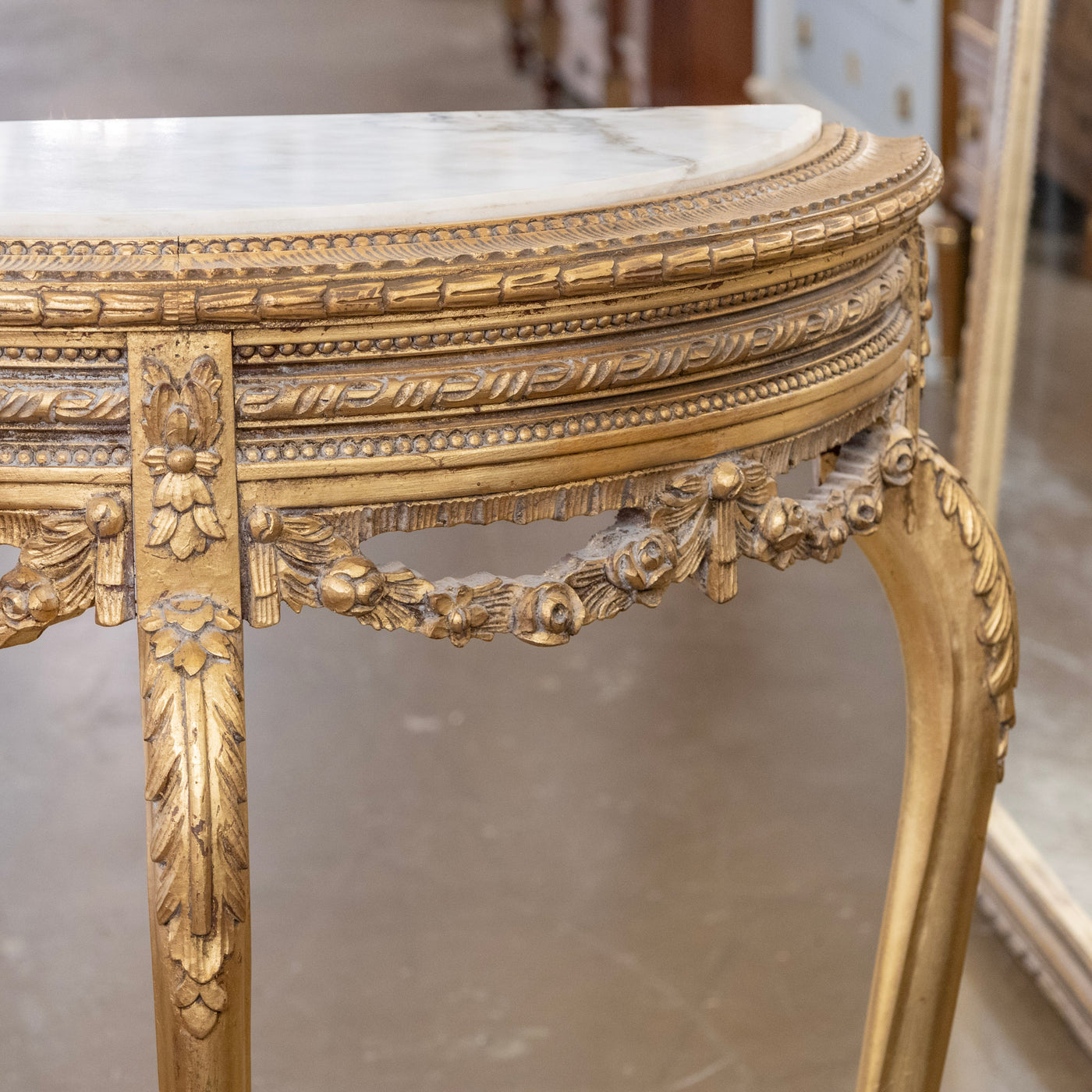 Louis XV Style Gilded Demilune Console Table – White Marble Top & Carved Trim