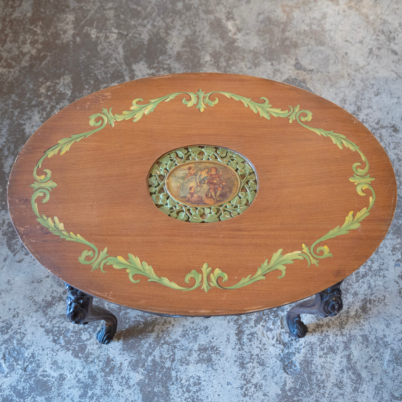 French Carved Side Table – Hand-Painted Inset Scene & Green Trim