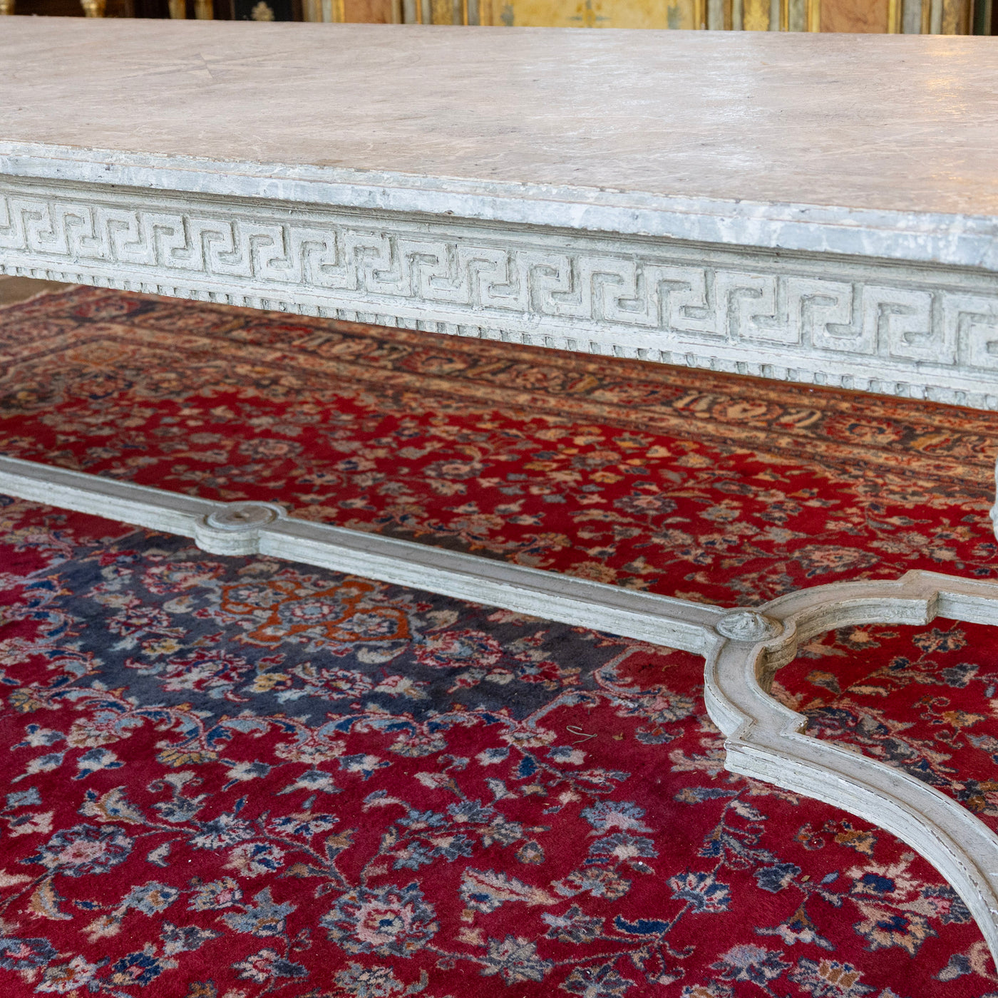 Grand European Neoclassical Hand-Carved Dining Table – Grey & White Faux Marble Finish