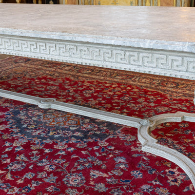 Grand European Neoclassical Hand-Carved Dining Table – Grey & White Faux Marble Finish