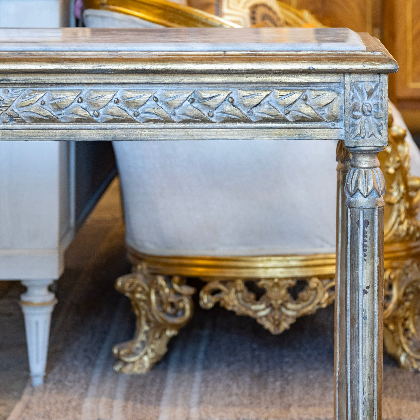 Louis XVI Gilded Champagne Gold Console – Carved Apron & White Marble Top