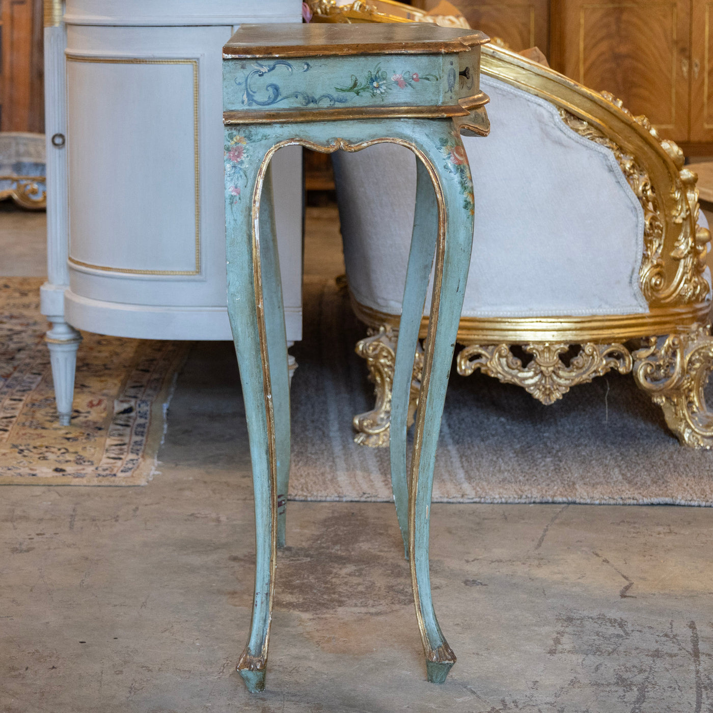 Italian Painted Console Table – Green with Floral Motifs & Gilded Accents