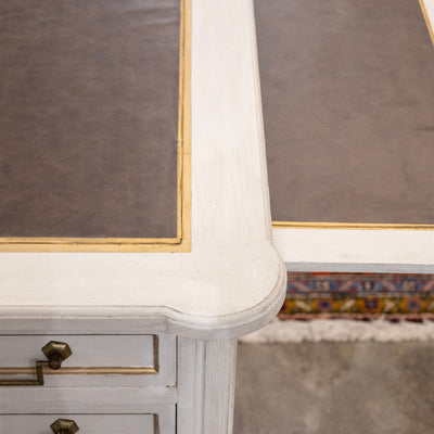 Louis XVI White Painted Desk with Gold Trim – Brown Leather Top & Slide-Out Panels