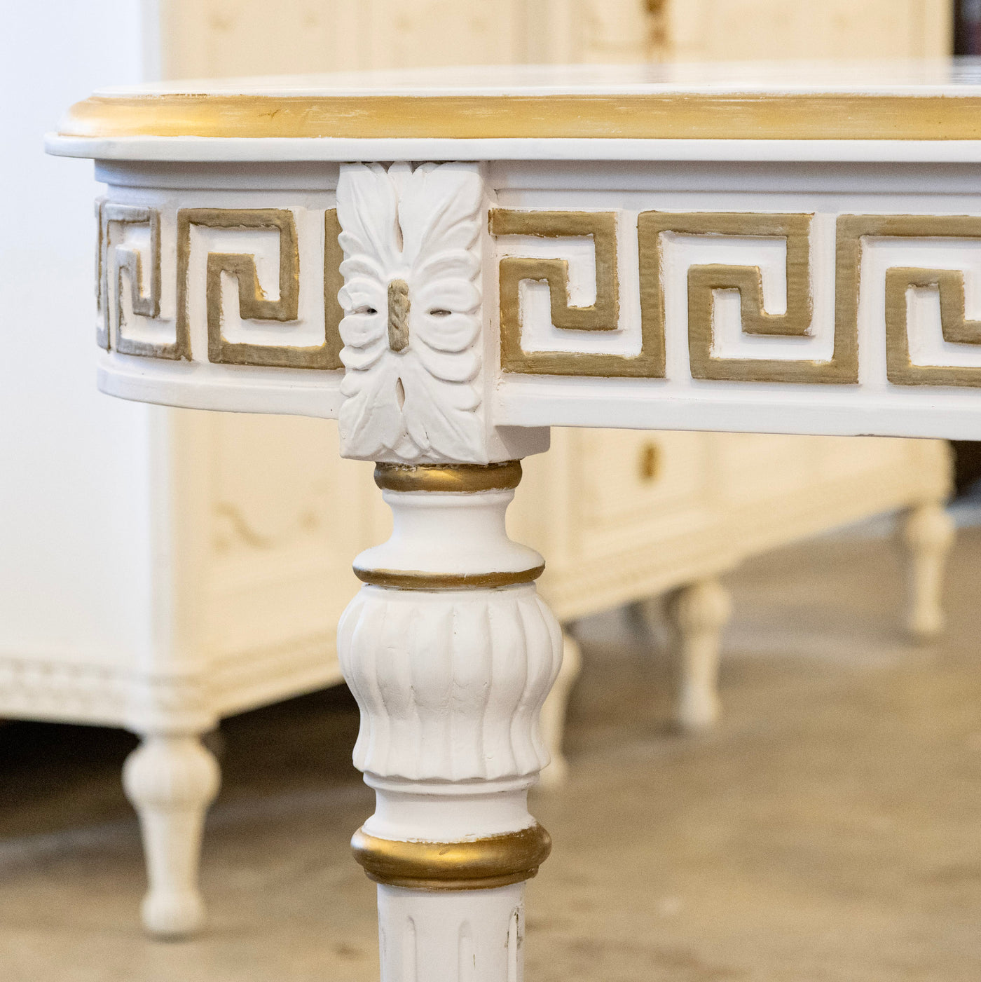 Swedish White Oval Dining Table – Gilded Greek Key Apron & Rounded Leg ...