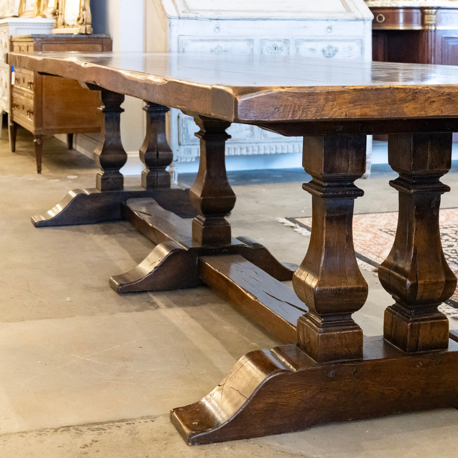 Farmhouse Dining Table – Rustic Dark Wood With Trestle Base – Le Chateau