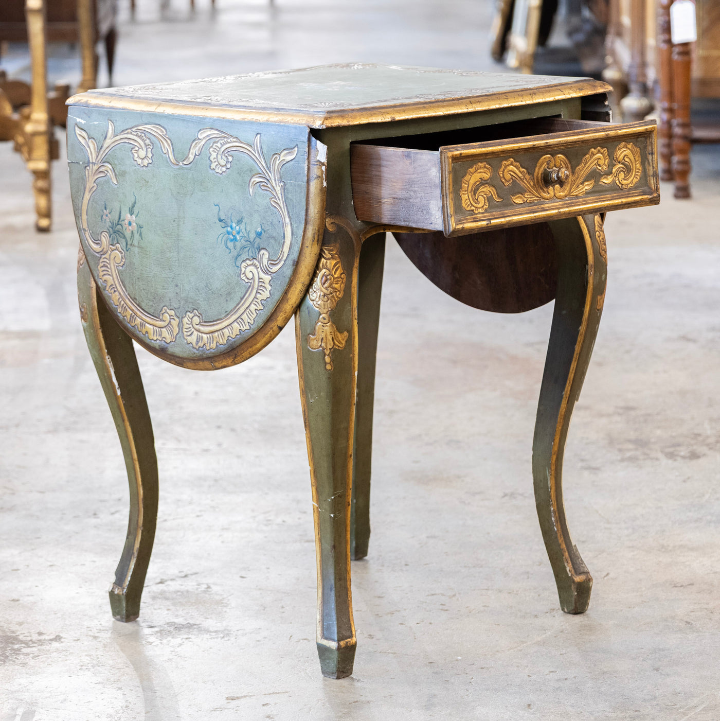 Italian Painted Green Accent Table – Drop-Leaf Sides with Gilded Accents