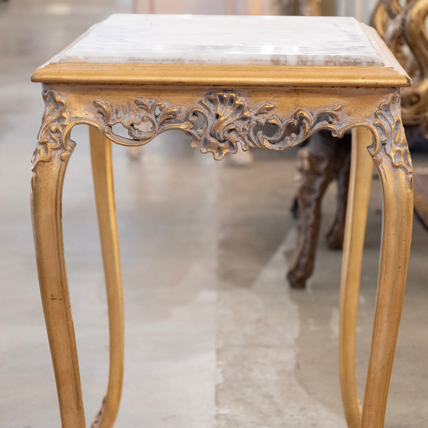 Louis XV Long Gilded Side Table – White Marble Top