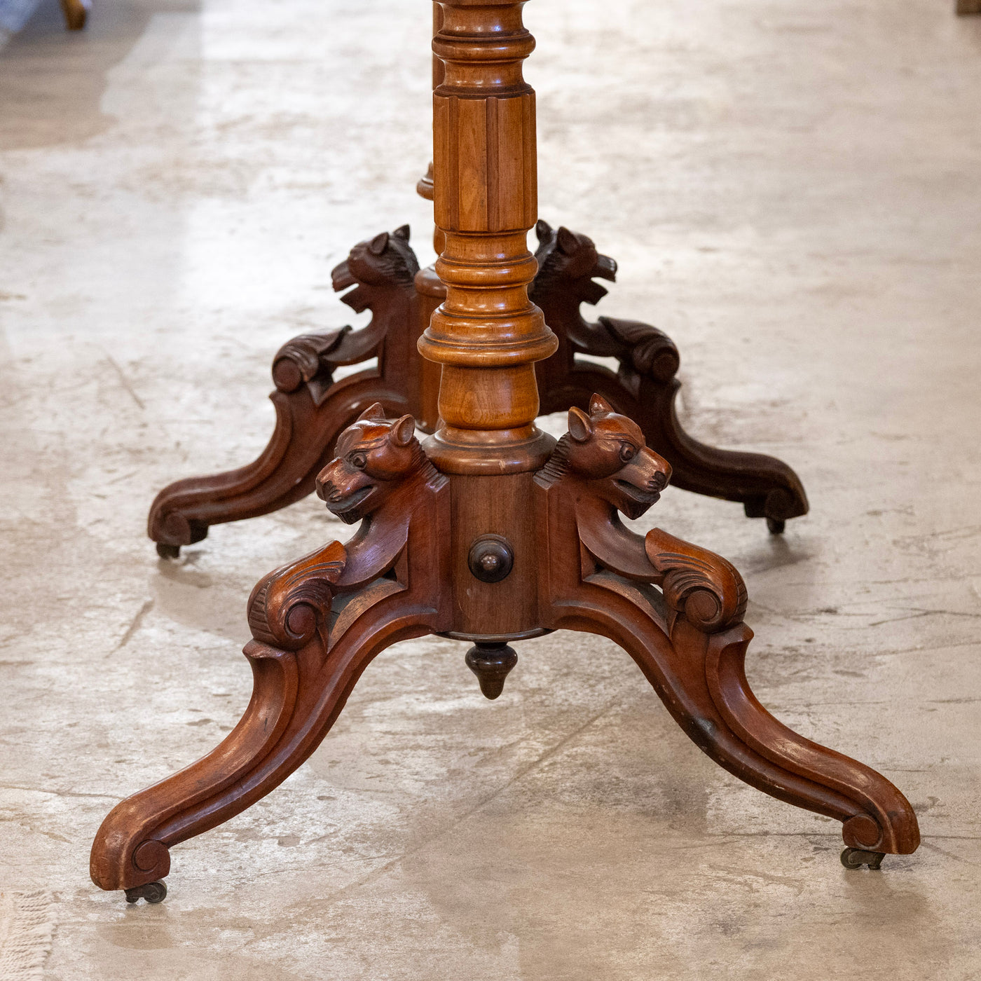 French Wood Center Table – Burl Wood Top & Carved Lion Legs on Casters