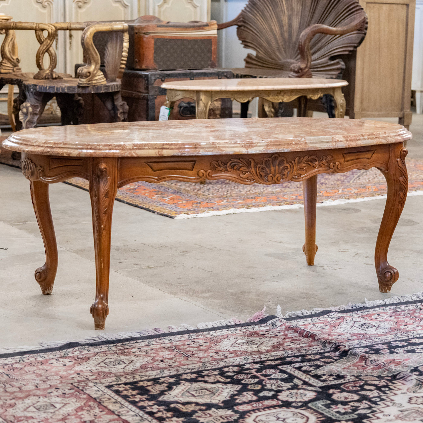 Louis XV Carved Wood Coffee Table –  Red Breccia Marble Top