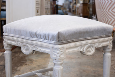 Louis XVI Stool – Carved White Frame & Grey Velvet Seat