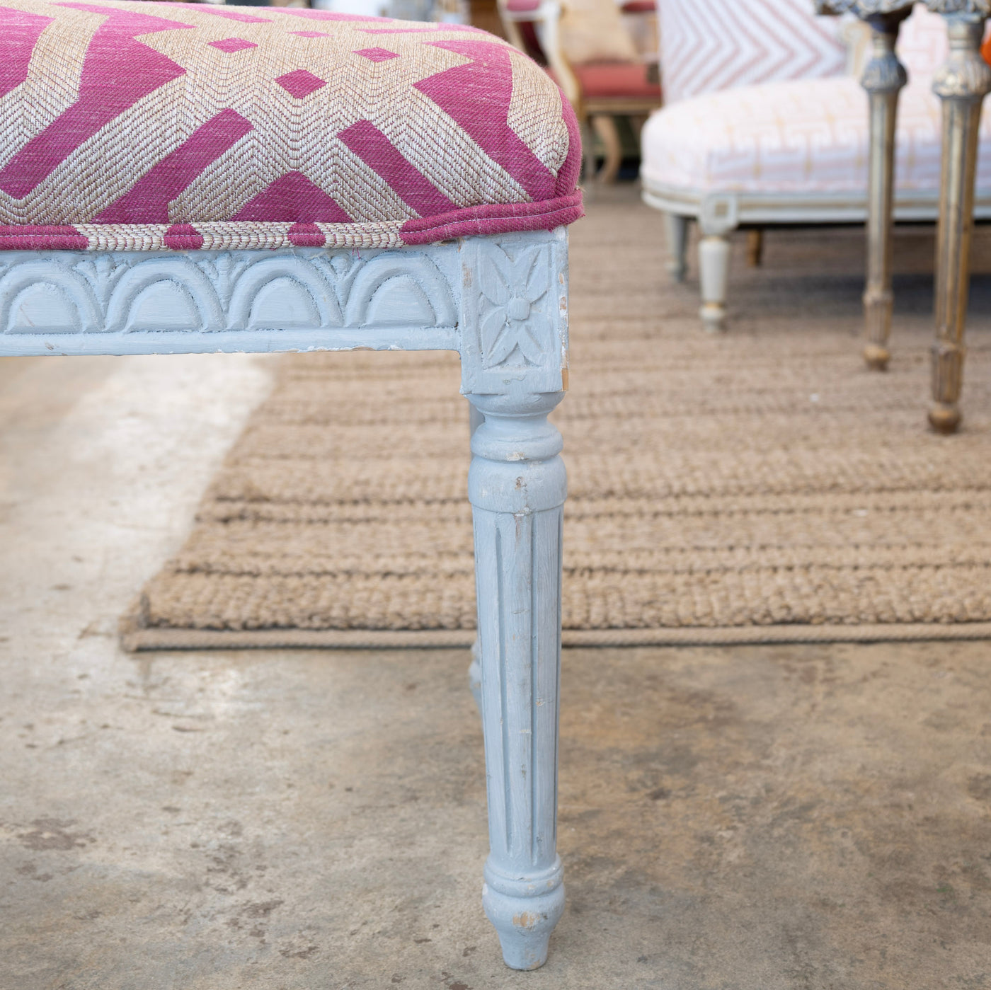 Louis XVI Grey Bench – Pink Patterned Upholstery