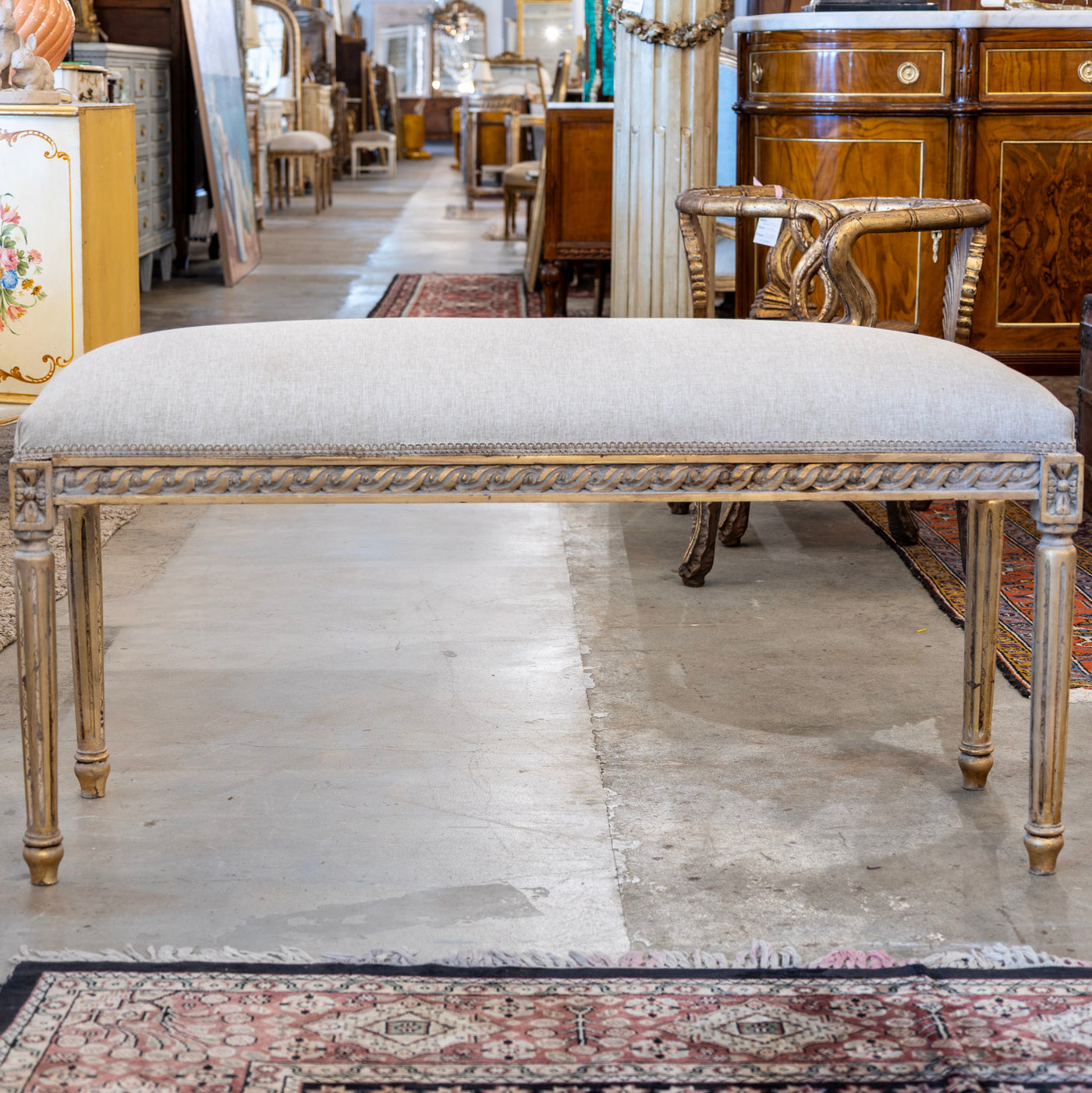 Louis XVI Bench – Carved Gold Trim & Grey Linen Upholstery
