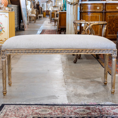 Louis XVI Bench – Carved Gold Trim & Grey Linen Upholstery