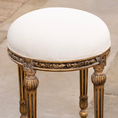 Louis XVI Carved Gold Stool – White Velvet Upholstery & Ballerina Legs