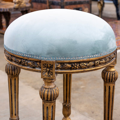 Louis XVI Carved Gold Stool – Baby Blue Velvet Upholstery & Ballerina Legs