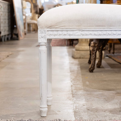 Louis XVI White Stool – Carved Trim & White Linen Upholstery