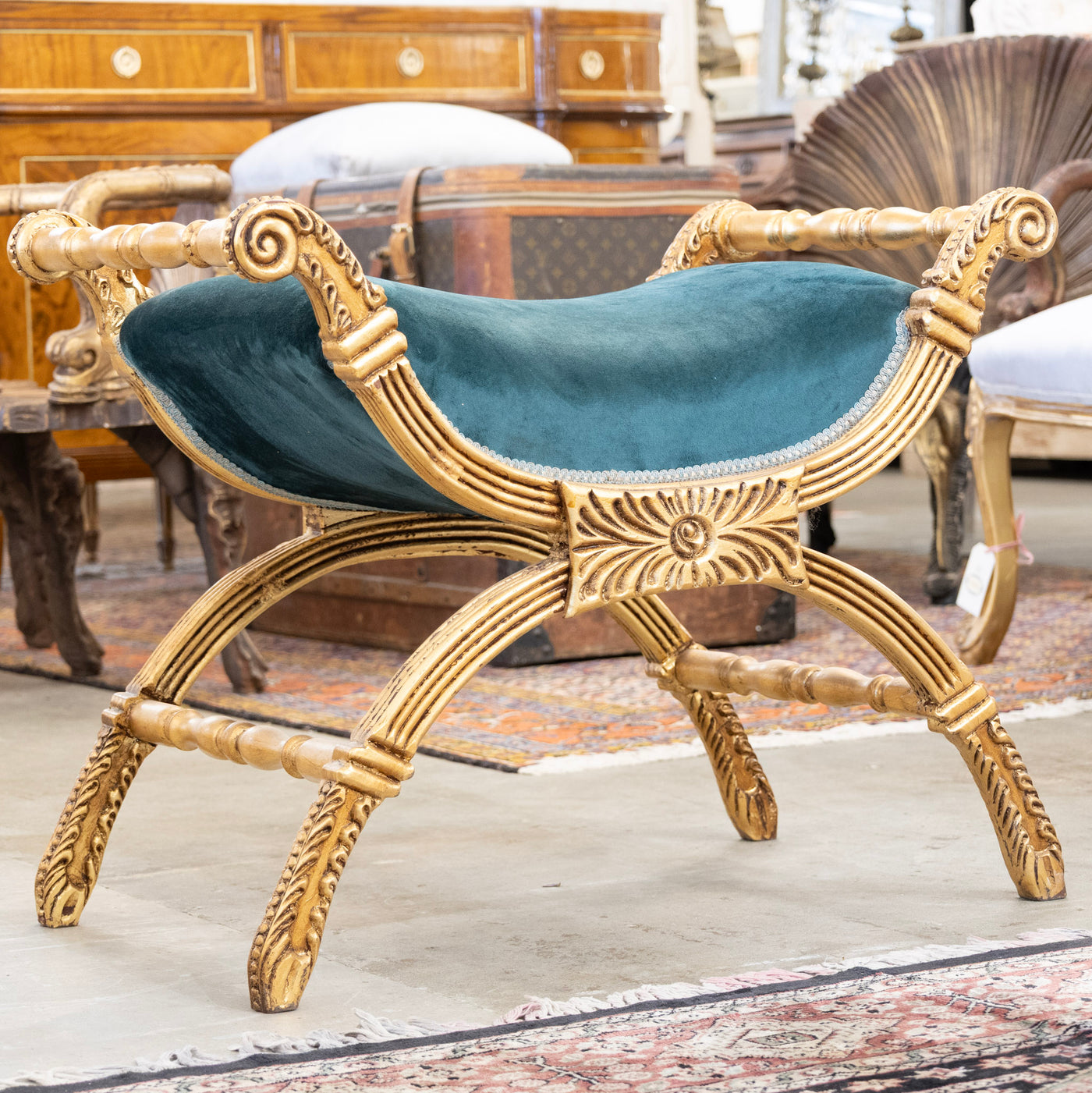 Boudoir Stool – Gold Carved Trim & Dark Green Velvet Upholstery