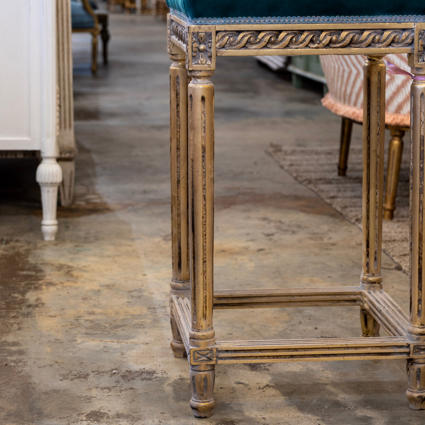 Louis XVI Gold Bar Stool – Carved Trim & Dark Green Velvet Upholstery