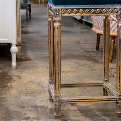 Louis XVI Gold Bar Stool – Carved Trim & Dark Green Velvet Upholstery