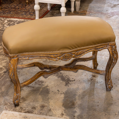 Louis XV Bench – Cabriole Legs & Leather Olive Upholstery