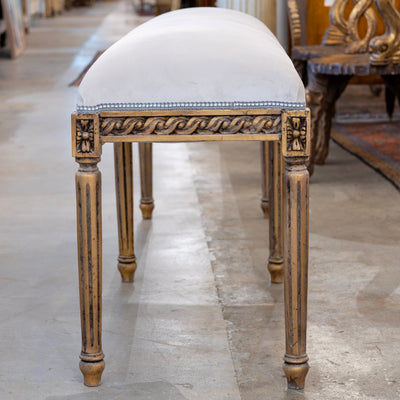 Louis XVI Bench – Carved Rope Trim & Light Grey Velvet Upholstery