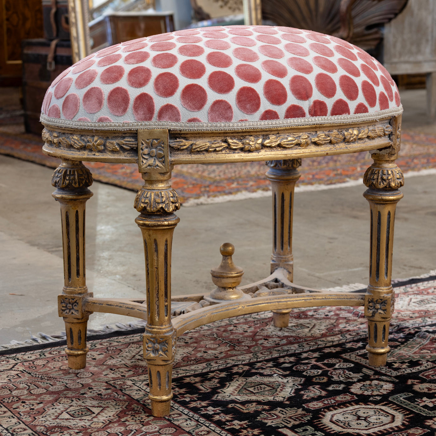 Louis XVI Gold Stool – Pink Polka Dot Velvet