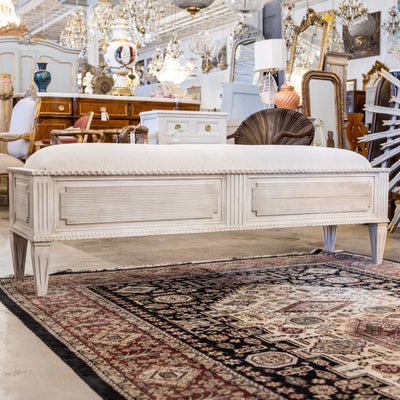 Swedish White Bench – Reeded Panels & Linen Upholstery