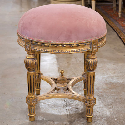 Louis XVI Gilded Round Stool – Pink Velvet Upholstery