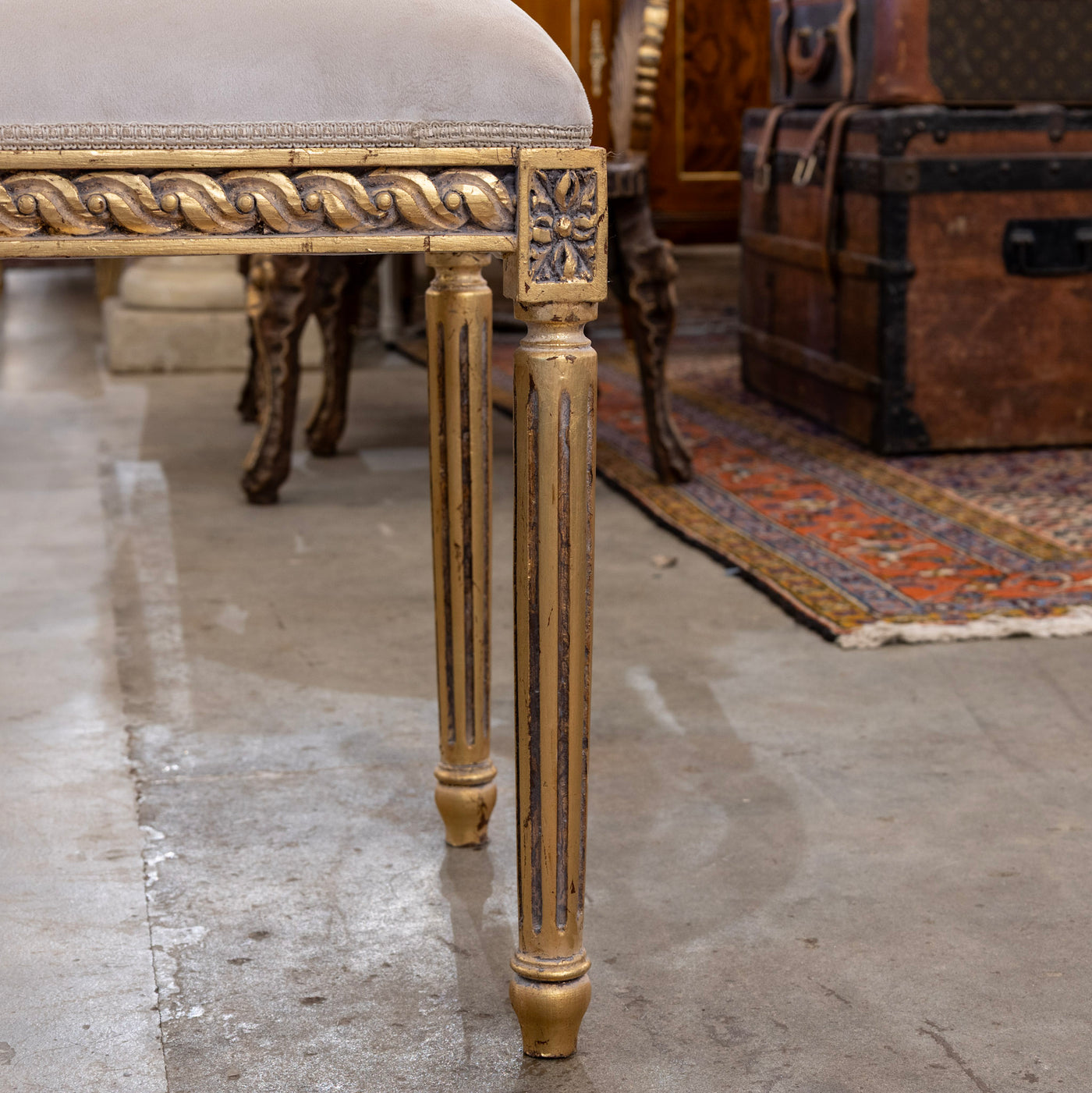 Louis XVI Gilded Square Stool – Light BeigeVelvet Upholstery