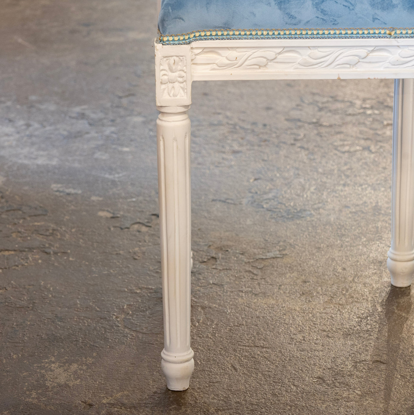 Louis XVI White Stool – Carved Trim & Baby Blue Velvet Seat