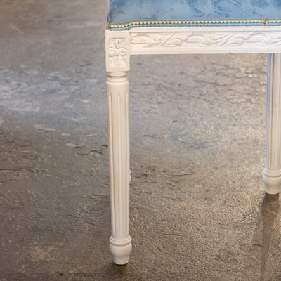 Louis XVI White Stool – Carved Trim & Baby Blue Velvet Seat